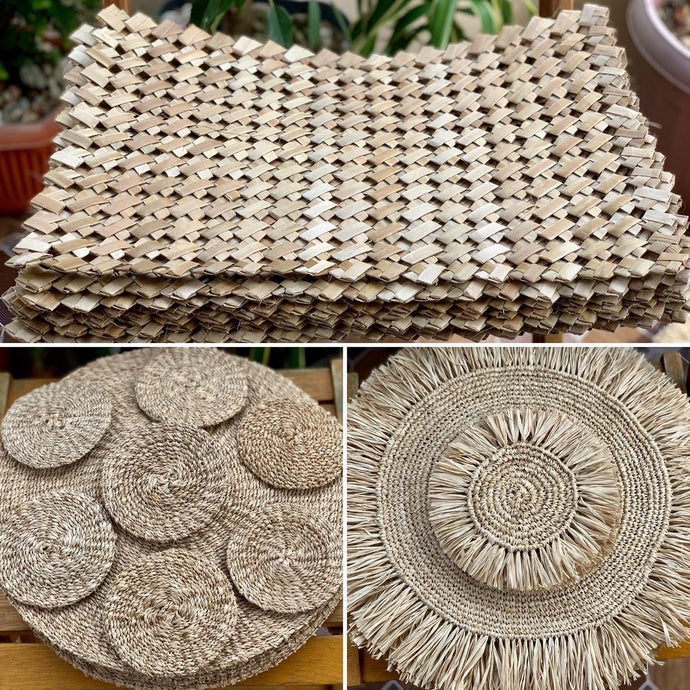 Abaca placemats and coasters, raffia...