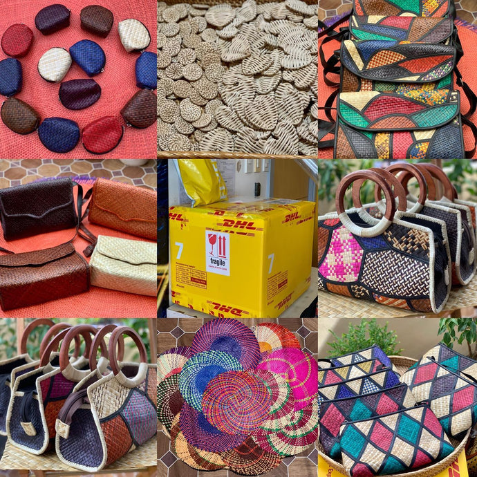 Rattan pieces, assorted handwoven bags...