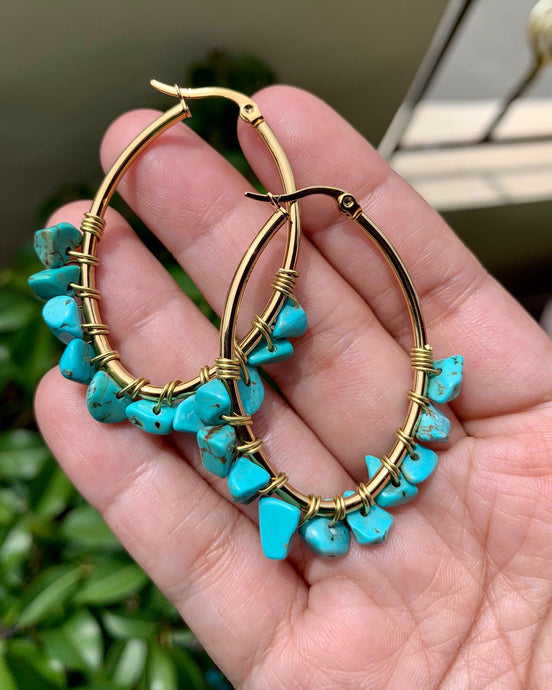 Wired turquoise hoop earrings. #stainlesssteeljewelry...