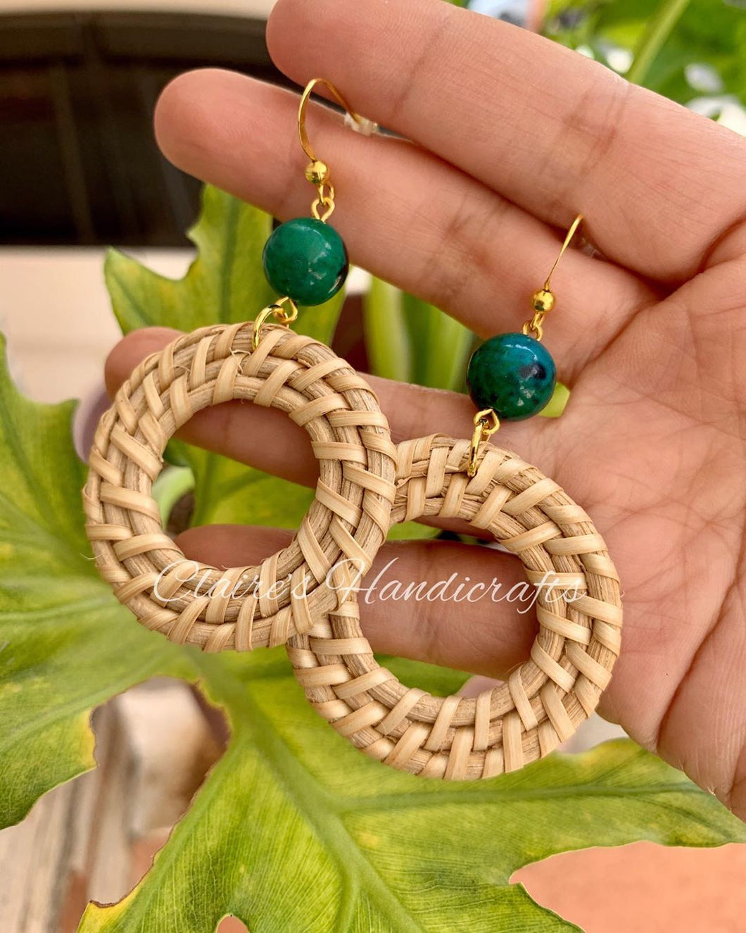 Gemstone and rattan earrings