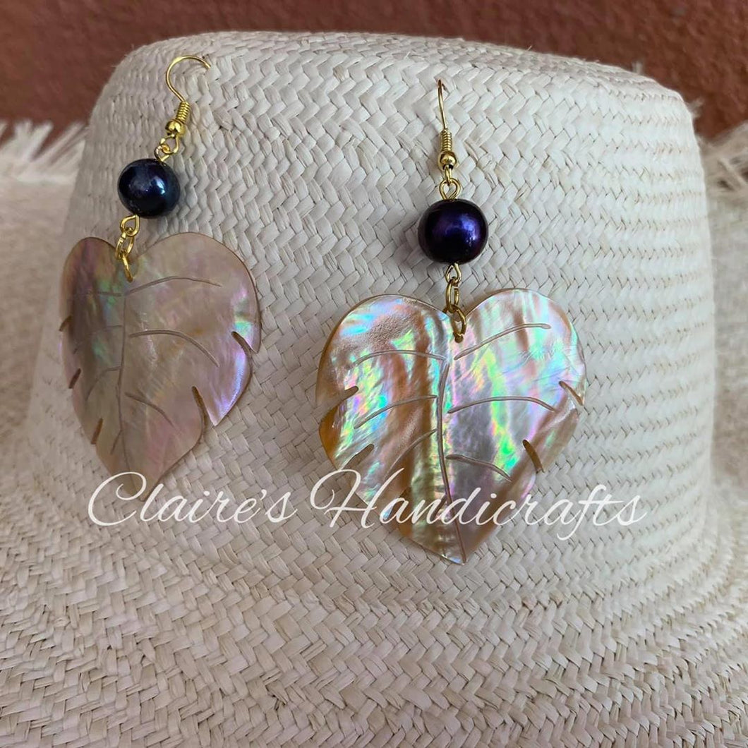 Freshwater pearl and mother of pearl monstera drop earrings