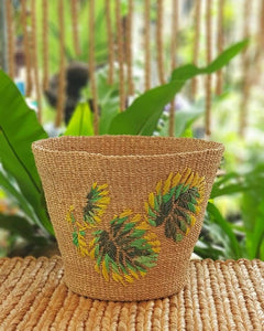 Monstera-embroidered abaca planters