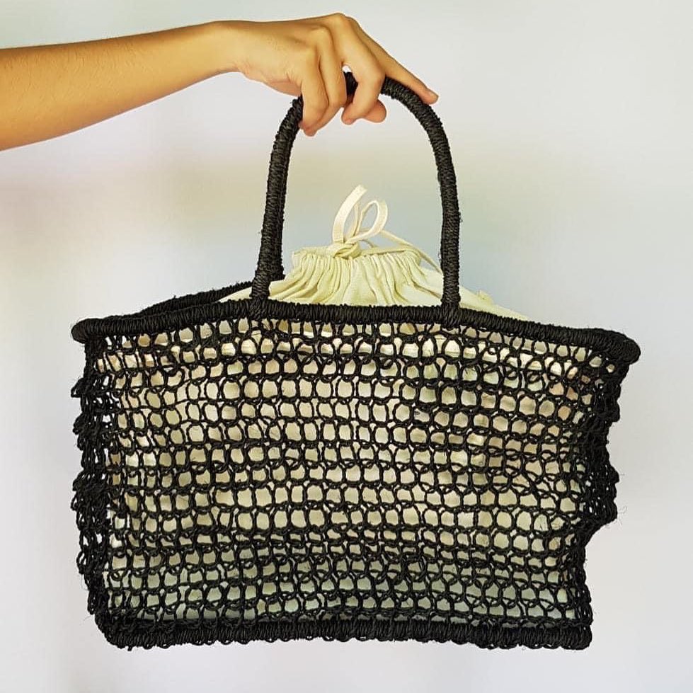 Handwoven abaca bag with drawstring closure
