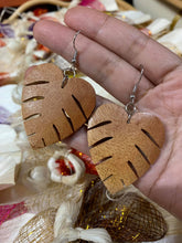 Load image into Gallery viewer, Hand-carved monstera leaf earrings made of mahogany wood
