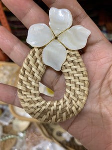 Hand-carved mother of pearl and rattan earrings
