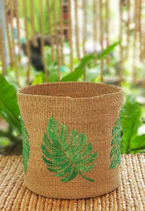 Monstera-embroidered abaca planters