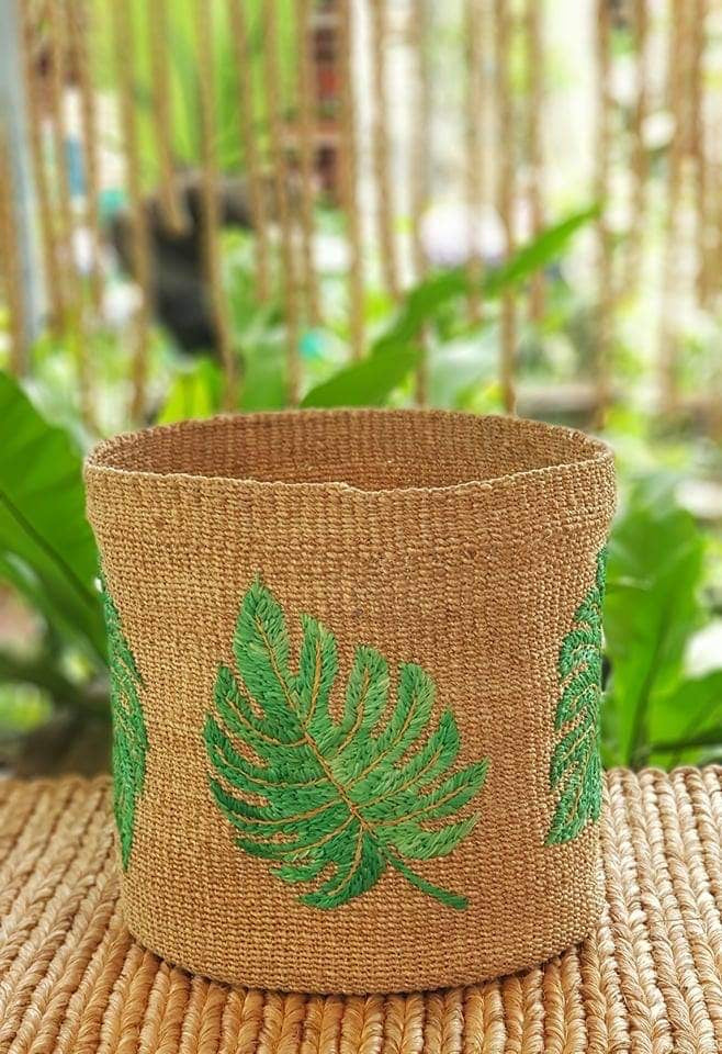 Monstera-embroidered abaca planters